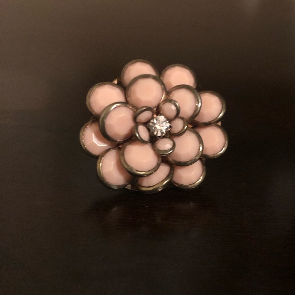 Pink Floral Statement Ring | Crystal Center Flower | Silvertone (Size 5) - Picture 2 of 3